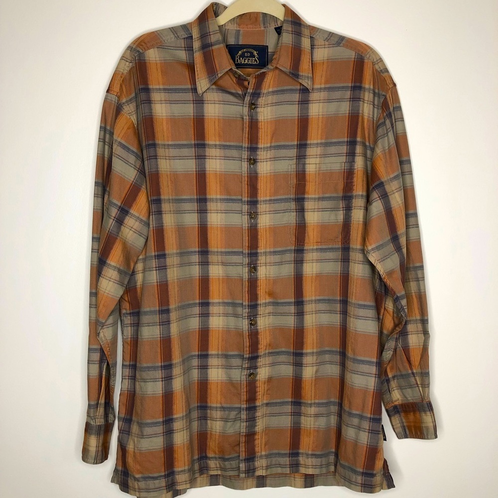 BD Baggies Orange Tan Plaid Shirt 100% Cotton
